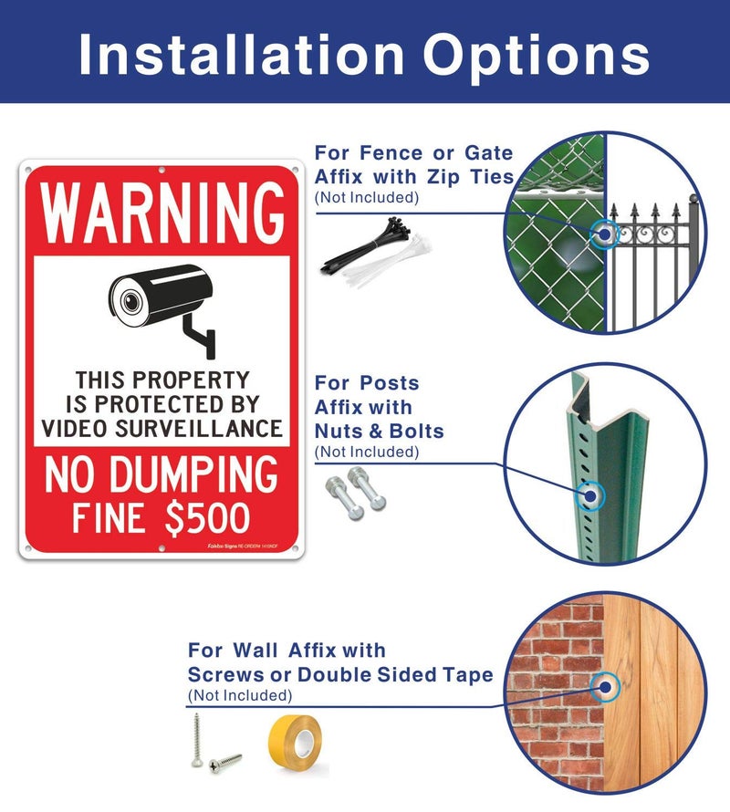 Faittoo Warning No Dumping Fine $500 Sign, This Property Is Protected By Video Surveillance Sign, 14 x 10 Inches .040 Rust-Free Aluminum, UV Protected, Weather Resistant, Easy to Mount (2 Pack) - Image 3
